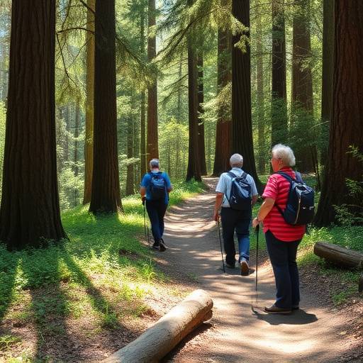 A group of seniors hiking on a well-maintained trail through a redwood forest.