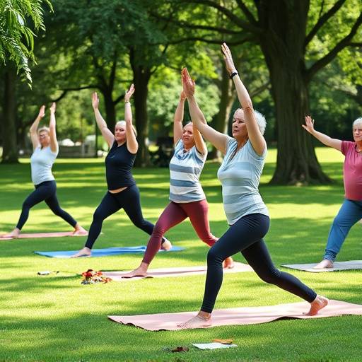 A group of seniors participating in a gentle yoga class outdoors in a park.