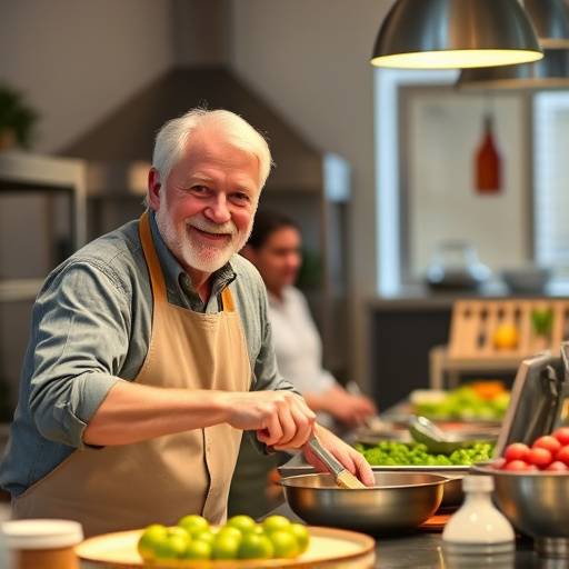 A senior man smiling while stirring ingredients in a bowl during a cooking class.