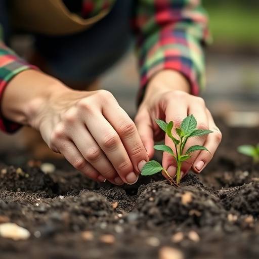 Close-up of a senior woman's hands gently planting seedlings in a raised garden bed.