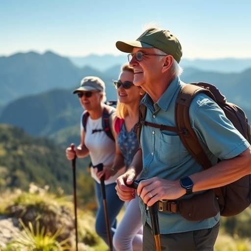 A group of seniors hiking in the mountains, enjoying an active day outdoors.