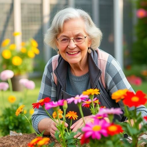 A happy senior woman tending to her garden with vibrant flowers.