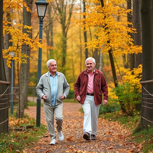 A senior couple enjoying a leisurely walk in the woods during autumn.