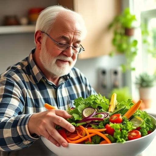 A senior man preparing a healthy salad with fresh vegetables in his kitchen.