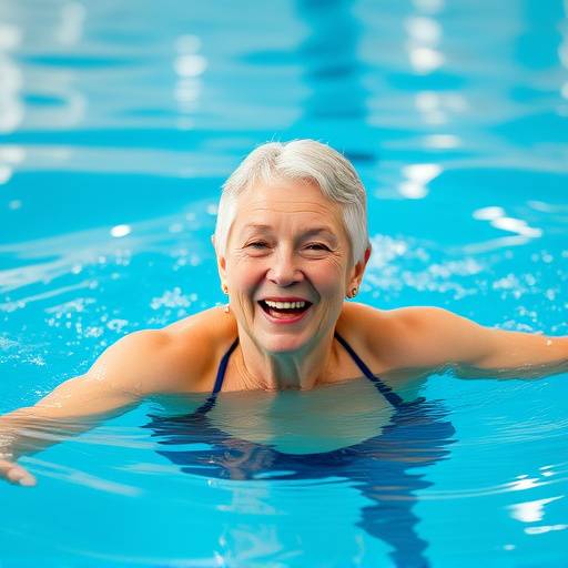 A senior woman happily swimming laps in an indoor pool.