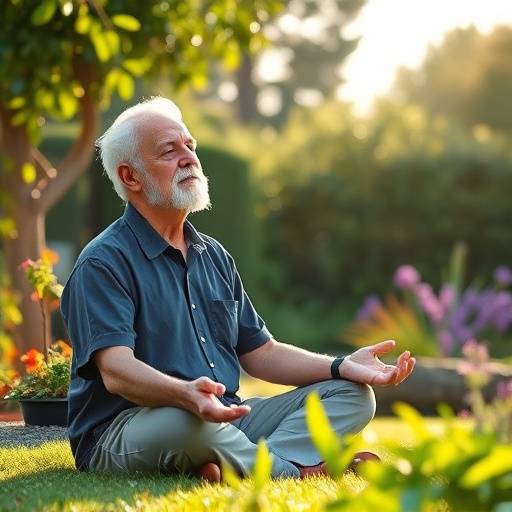 A serene senior man meditating outdoors in a garden.
